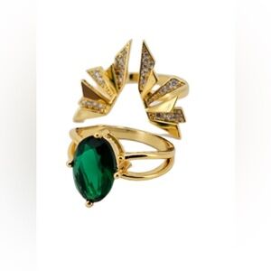FASHION JEWELRY GOLD DOUBLE RING GREEN GEMSTONE/ZIRCONIA  STAINLESS STEEL SZ 6